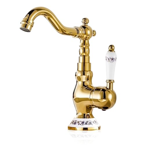 EGTink Robinet Lavabo Rétro Robinetterie de Lavabo en Laiton Antique Mitigeur Robinet Salle de Bain Chaud et Froid, Rotatif à 360°,Poignée en...
