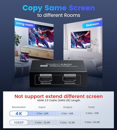 Image of 4K@60Hz HDMI Splitter 1 in 2 Out w / 4ft HDMI Cable, HDMI Audio Splitter for Soundbar, Support Dolby Vision /Atmos 7.1ch, Downscaler 4K /1080P Sync, 1080P@120Hz, 2K@144Hz, Work for Firestick, PS5, Roku
