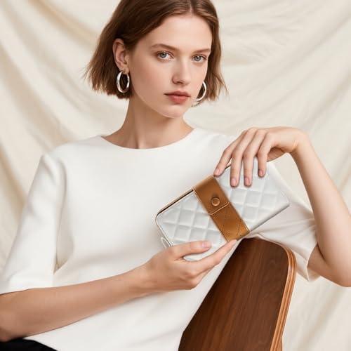 TiMOVO Leather Wallet for Women with RFID Blocking, Holds 12 Cards, Wrist Strap, Large Capacity Travel Purse, Beige + Brown2