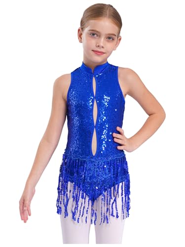 JEATHA Maillot Lentejuelas De Danza para Niña Leotardo De Ballet con Flecos Body De Patinaje Artístico Ropa De Baile Actuación Azul 9-10 años