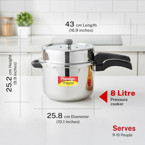 Image of Prestige 8 Litre Stainless Steel Deluxe Alpha Svachh Outerlid Pressure Cooker |Deep lid for spillage control|10 years warranty|Gas & Induction compatible|Gasket release system|ISI Certified