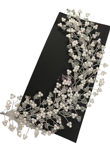 Image of Samyak Crystal Pearl Hair Vine Tiara Hair Accessory Headband Headdress Hair Jewellery For Women | Hair Pin | Bun | Hair Clip For Bridal Wedding Functions Bridesmaid, Silver, Pack of 1