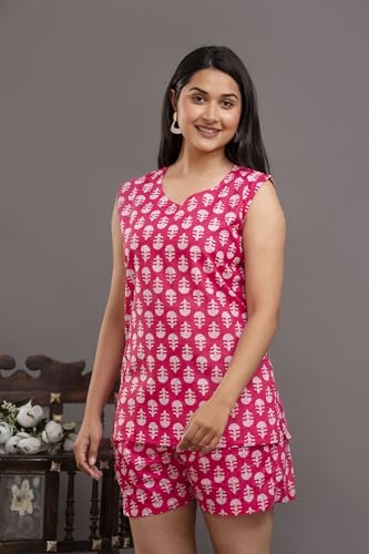 Image of Women's Cotton Printed Night Suit Set of Top & Shorts Sleeveless Women's Lounge Wear Set