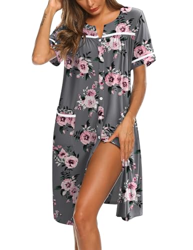 Image of Ekouaer Nightgowns for Women House Dress with Pockets Button Down Sleepshirt Short Sleeve Nightshirt Housecoat