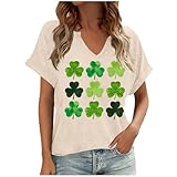 Dyhxuan St. Patrick's Day T Shirt Damen Glückskleeblatt Druck Oberteile V-Ausschnitt Kurzarm T-Shirt Irischen Festliche Basic Tshirt Casual Locker Tee Tops