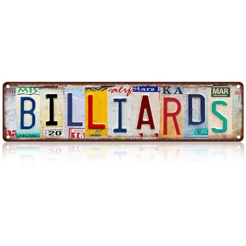 Billiards Metal Sign Vintage License Plate Style Wall Decor Rustic Tin Plaque for Man Cave Game Room Pool Hall & Pub Bar Retro Industrial Design with Pre-Drilled Holes 16x4 Inch Aluminum (Diversity-03)