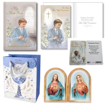 celebrationgiftsforall Messbuch zur Erstkommunion mit Lesezeichen und heiligem Herz Maria und Jesus, zusammenklappbares Holzschild, Geschenkkarte und Tasche im Lieferumfang enthalten, Junge Mädchen
