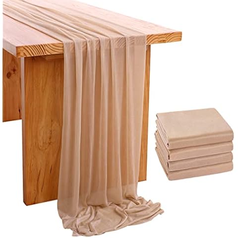 Socomi 4pcs Nude Gauze Table Runner Bulk 10ft Chiffon Like Wedding Table Runner for Bridal Shower Decorations Baby Shower Cover