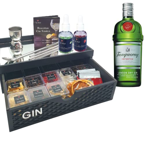 Kit Gin Tanqueray 750ml + Caixa Espelhada com Gaveta 14 Especiarias + Xarope + Pirulito de Especiari