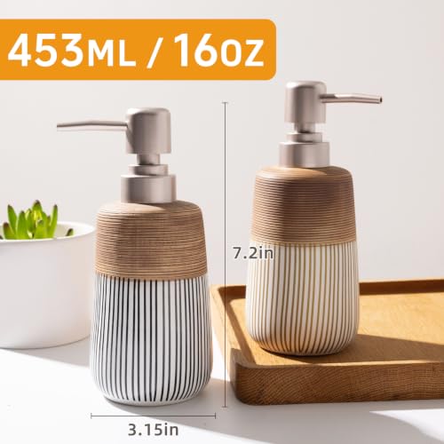 Image of 2 Pcs Ceramic Soap Dispenser Set, 16 Oz Refillable Liquid Soap Dispensers with Embossed Texture for Bathroom Countertop and Kitchen Sink, Hand Soap, Dish Soap & Lotion Bottles, Modern Home Decor