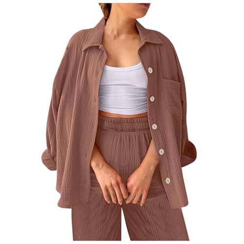 Conjunto genérico de pantalón para mujer, camisa de manga larga y pantalón con cintura elástica, cuello en V, informal, para oficina, calle, look Fashion, café, XL