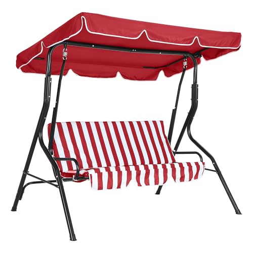 Outdoor Porch Swing Chair with Adjustable Canopy & Striped Seat Cushion for Adults 3-Seat Patio Glider Bench with Thick Cushions Steel Frame Outdoor S