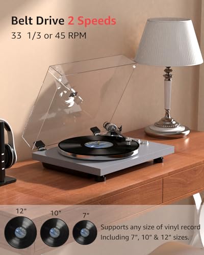Image of Turntable Record Player Wireless Output Carbon Fiber Tonearm Vinyl Player Aluminium Platter Belt-Drive LP Turn Tables 33 1 /3&45 RPM Phono Level Audio RCA Line Output AT-3600L MM Cartridge Grey