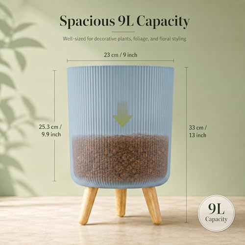 Image of Eightiz Store Modern Dusty Blue Flower Pot with Plastic Legs | Indoor Outdoor Planter for Home Garden Balcony Decor Ribbed Design Sturdy Plastic Mid-Century Style (Dusty Blue, Pack of 2)