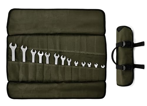 Under NY Sky Tool Roll Organizer, 24 Pockets, Waxed Canvas, Heavy-Duty Wrench Bag, Portable Hand Tool Pouch for Mechanics, Electricians, and Hand Tools - Green