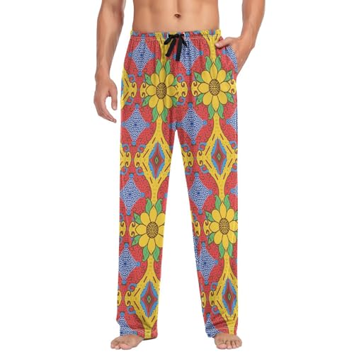 Men’s Mexican Ceramic Tile Pattern Pajama Pants with Pockets, Comfortable Lounge Sleep Bottoms#1103