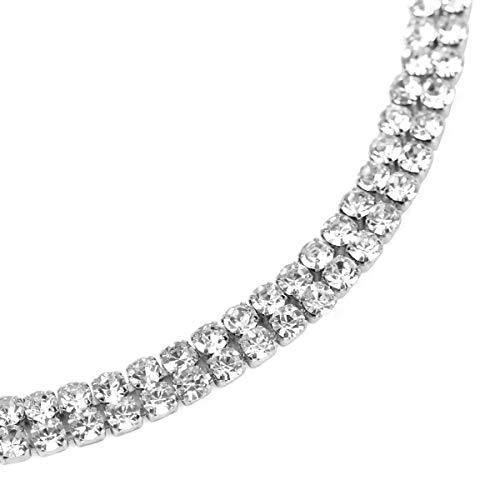 Riah Fashion Chain Drape Multi Strand Long Layered Waterfall Necklace - Sparkly Rhinestone Statement Bib, Metallic Bead Collar Choker Earrings Set (Sparkly Choker 2 Row - Silver) #TOP2