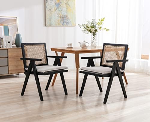 Wahson Mid Century Dining Chair Rattan Kitchen Chair Upholstered Leisure Chair with Solid Wood Legs, Comfy Retro Armchair for Living Room/Dining Room, Black