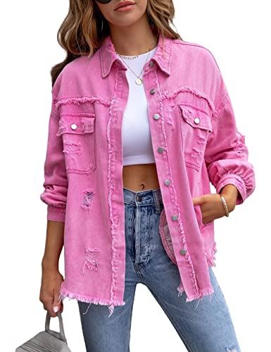 LifeShe Women's Denim Jacket Oversized Button Down Jean Shirts Shacket Ripped Distressed Frayed Coat