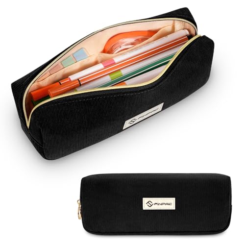 Image of FINPAC Pencil Case, Corduroy Aesthetic Makeup Bag, Cute Kawaii Pen Bag Pouch Holder Box Organize for Study, Office, or Travel (Black)