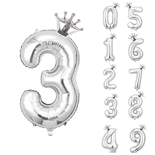 養楽堂 誕生日 バルーン 数字 パーティー 飾り風船 0-9 王冠 デコレーション装飾 32インチ 大きい バルーン 結婚式 記念日 子供 大人兼用 シルバー3