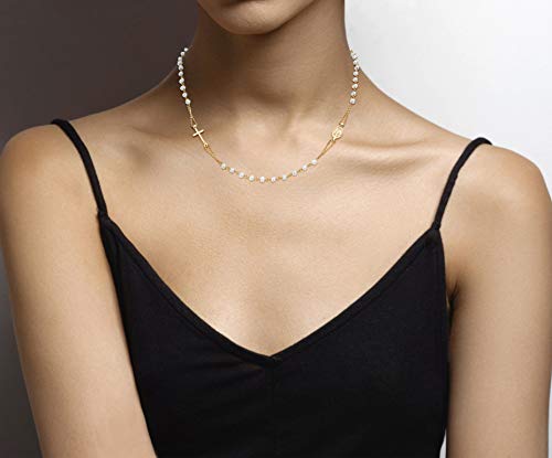Miabella 18K Gold Over Sterling Silver Handmade Italian White Cultured Freshwater Pearl Ball Beaded Sideways Rosary Cross Necklace For Women Teen Girls, 925 Italy (Length 18 Inch) #TOP3