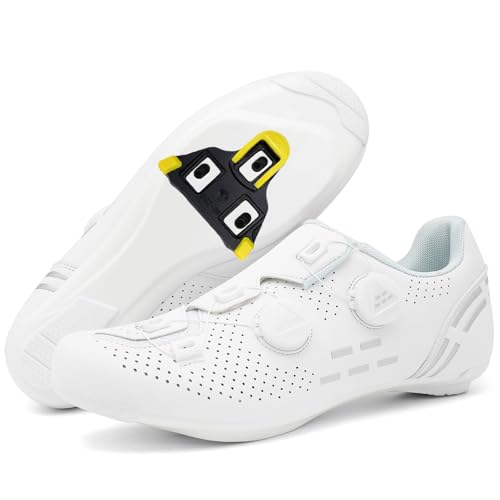 PENXZT Zapatilla de Ciclismo Hombre Compatibles con SPD/SPD SL Lock System Zapatos Bicicleta de Carretera Exterior Unisex Respirables,Blanca,43 EU
