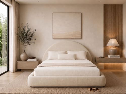 Image of New Round Bed Upholstered Bed Frame -Washable Zip Cover, Modular Minimalist Modern Design Soft Foam Platform Bed, Half Circle Sold Separately (Cream Linen, King Headboard)