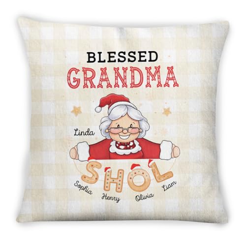 Grandma Gifts, Blessed Grandma Mrs Claus Cookies Letter Kids Name, Personalized Square Pillow, Gifts for Granny Grannie from Mom Dad Grandpa, Sofa Couch Cushion, Gifts for Christmas