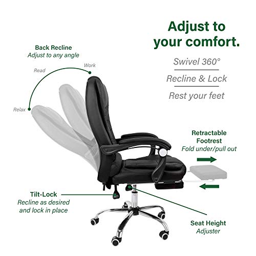 Halter Reclining Leather Office Chair, Modern Executive Adjustable Rolling Swivel Chair, Gaming Chair with Headrest and Retractable Footrest, Black