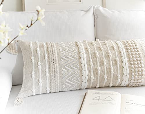 Blissblush White Cream Boho Lumbar Throw Pillow Case 14X36 Inch, Neutral Body Pillow Cover, Bohemian Woven Textured Lumbar Pillow Cover, Sofa Couch Bed Farmhouse Pillow (Cover Only, 14X36 Inch) #TOP3