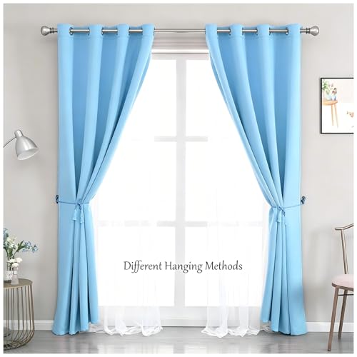 Image of Blue Curtains 90 inch Length 2 Panels Set - Double Layered Blackout Curtain Drapes with White Sheer Voile and Lace Hem for Kids /Girls Bedroom Living Room Nursery (52x90 inch, Sky Blue)