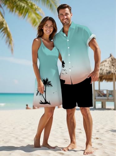 Image of DRESSFO Couple Matching Hawaiian Outfits Gothic Print V Neck Spaghetti Strap Dress or Roll Up Sleeve Shirts Outfit
