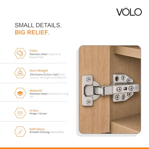 Image of VOLO Cabinet Hinges, Set of 1 (2 Pieces) for Furniture, Wardrobes, Doors, and Storage Units | (3D Soft Close (Stainless Steel), 8 Crank | Half Overlay)