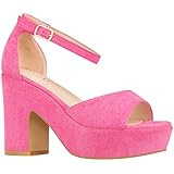 ILLUDE Women's Platform Heels Sandals Ankle Strap Block Chunky Heel Open Toe Platform Wedge Sandals – Cleo (7.5, Bubble Gum Suede)