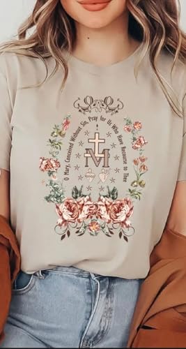 RIVER BOUTIQUE Marian Catholic T-Shirt And Sweatshirt, Virgin Mary T-shirt, Catholic Gifts For Women, Catholic T-shirt, Marian Cross Shirt, Floral Women Religious Shirts,Marian Cross T-Shirt, Floral Design, Teal2