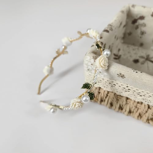 Pearl Rose Flower Headband 1920s French Vintage Camellia Hair Hoop 1920s Leaf hair Band Headpiece Accessories for Women Girls (White) - Image 3