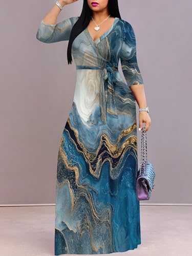 Image of Plus Size Dresses for Women Print Maxi Dresses 3 /4 Sleeve with Belt