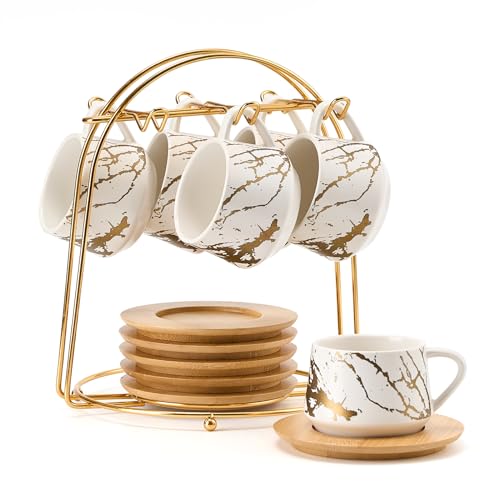 LUKA Ceramic Espresso Cups with Saucers and Metal Stand, Small 4 oz Porcelain Demitasse Cups Set of 6, Cute Cappuccino Coffee Cups for Double Espresso, Tea, Marbling White by LUKA - Used condition - US$34.48