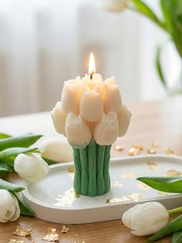 Image of Tulip Bouquet Decorative Candle, White & Green Floral Sculpted, Aesthetic Home Decor Accent for Bedroom, Living Room & Tabletop, Giftable Flower Candle