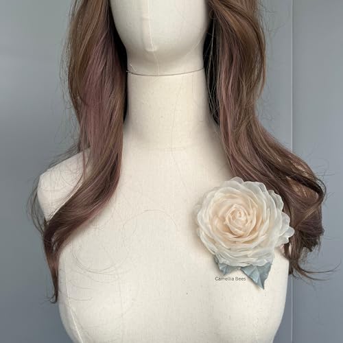 Image of Camellia Bees Handmade Silk Rose Brooch 3.5 inch - Elegant Organza Flower Corsage Pin for Women, 12th Silk Anniversary Keepsake for Her (Off White)