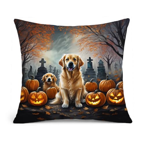 Caroline's Treasures DAC2041PW1818 Golden Retriever Spooky Halloween Fabric Decorative Pillow Machine Washable, Indoor Outdoor Decorative Pillow for Couch, Bed or Patio, 18Hx18W