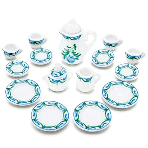 Odoria 1/12 Miniature Porcelain Tea Set 15Pcs Dollhouse Decoration Accessories, Green #TOP1