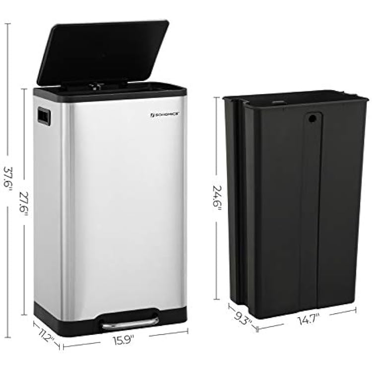 SONGMICS Trash Can, 12-Gallon Pedal Garbage Can, Stainless Steel Step Bin, Plastic Inner Bucket and Lid, Soft Closure, Fingerprint Proof, for Kitchen, Living Room, Silver ULTB007E01