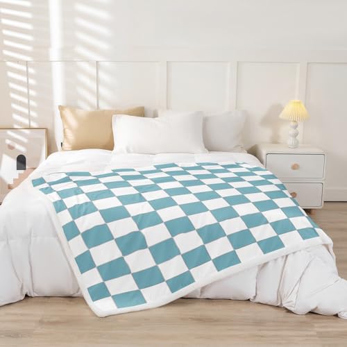 Image of Erosebridal White Blue Checkered Boys Throw Blanket 40 inchX50 inch Buffalo Plaid Grid Kids Fleece Bed Blanket Teen Men Checkerboard Sherpa Blanket Aesthetics Gingham Flannel Blanket