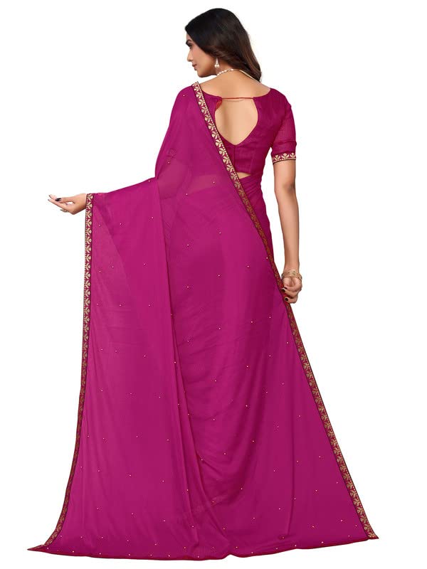 Image of SIRIL Women's Lace & Peral Work Lycra Saree with Unstitched Blouse Piece(2739S253 Hot Pink)