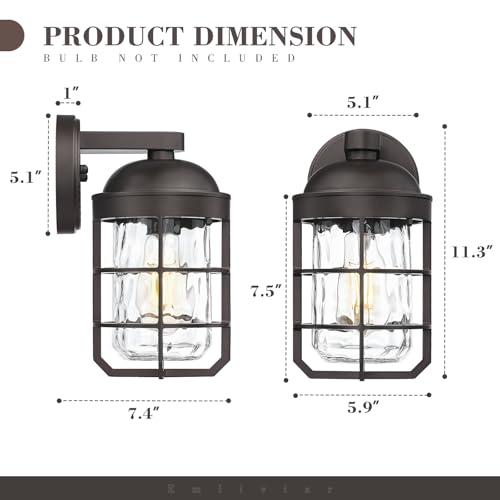 Image of Emliviar Rustic Outdoor Wall Lanterns 2Pcs, Exterior Nautical Wall Sconce, Outside Wall Lamps with Water Ripple Glass in Oil Rubbed Bronze Finish, GE255BL-2PK ORB-WG