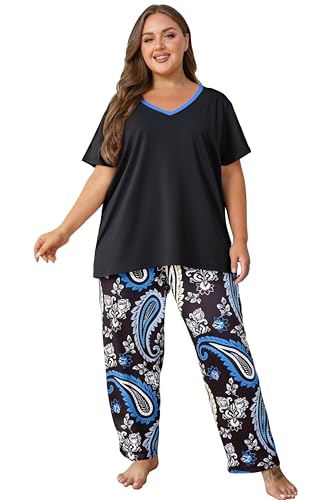 Image of Vozanet Women's Pajama Sets Short Sleeve with Long Pant Soft Sleepwear Printed pj Loungewear With TWO Pockets Size 1X to 5X