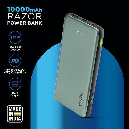 Image of URBN Power Bank 10,000mAh - Ultra Slim, 22.5W Two Way Fast Charging, Triple Output, Dual Type C PD, 12 Layers Circuit Protection, BIS Certified, 6 Months Warranty Free Type C Cable - Green