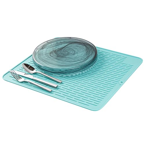 Restaurantware Silicone Drying Mat 1 Count 17.72 x 15.75 Inches Heat-Resistant Non-Slip Turquoise Kitchen Dish Mat, Waterproof Ribbed Dishwasher-Friendly for Cookware